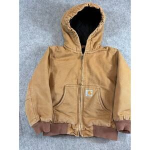 Carhartt Canvas Active Hooded Jacket Youth XS Brown Quilted Lined Zip Up Outdoor